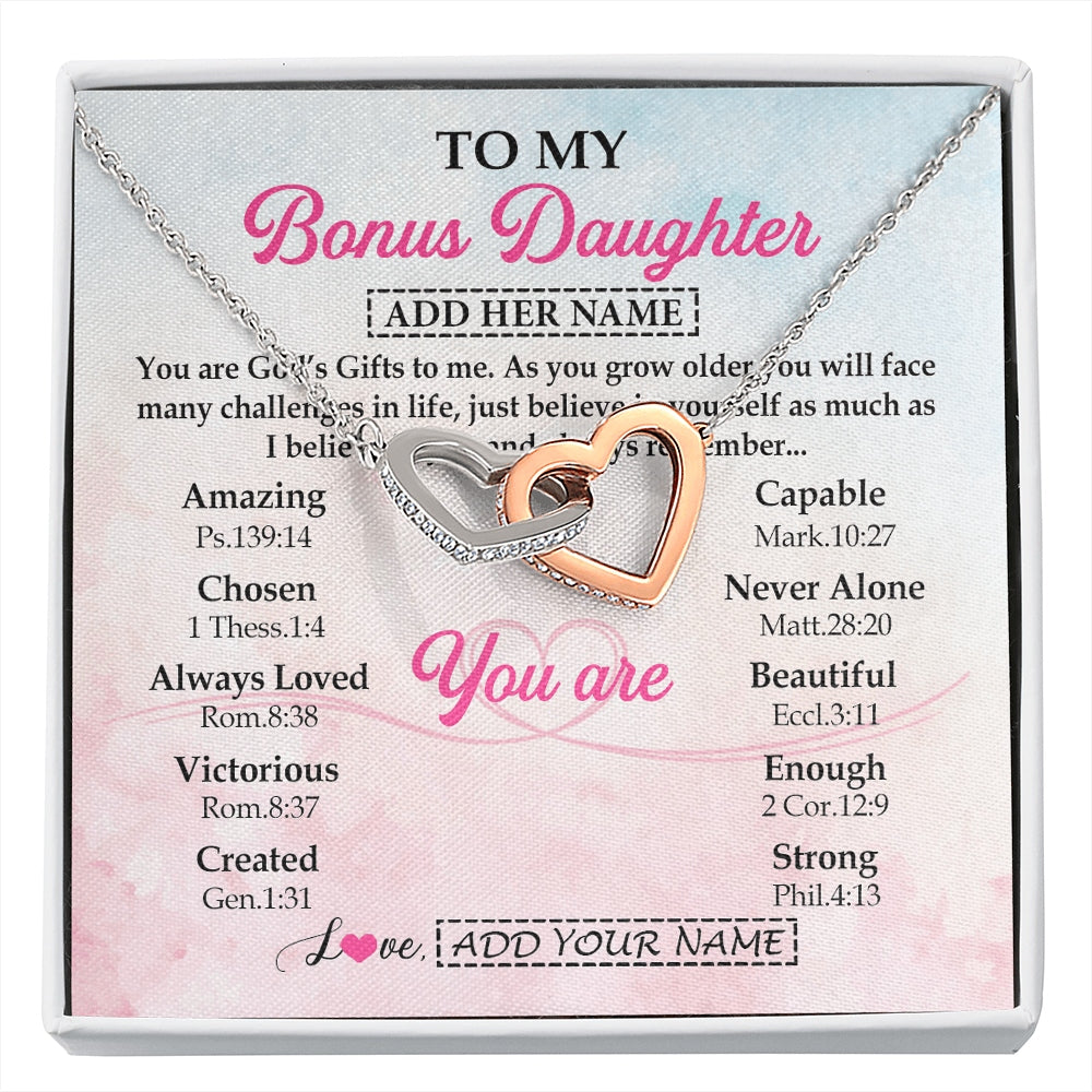 Interlocking Hearts Necklace Stainless Steel & Rose Gold Finish | 1 | Personalized To My Bonus Daughter Gifts Necklace From Stepmom Christian Religious Jewelry Gifts For Stepdaughter Birthday Christmas Gift Box Message Card | https://siriusteestore.