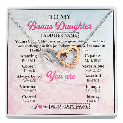 Interlocking Hearts Necklace Stainless Steel & Rose Gold Finish | 1 | Personalized To My Bonus Daughter Gifts Necklace From Stepmom Christian Religious Jewelry Gifts For Stepdaughter Birthday Christmas Gift Box Message Card | https://siriusteestore.