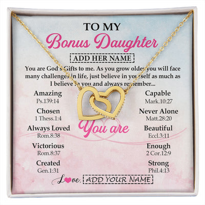 Interlocking Hearts Necklace 18K Yellow Gold Finish | 1 | Personalized To My Bonus Daughter Gifts Necklace From Stepmom Christian Religious Jewelry Gifts For Stepdaughter Birthday Christmas Gift Box Message Card | https://siriusteestore.