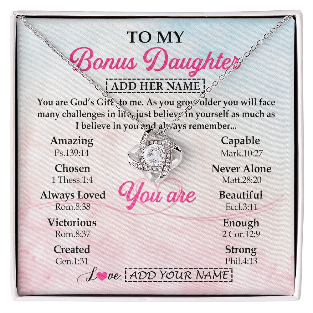 Love Knot Necklace 14K White Gold Finish | 1 | Personalized To My Bonus Daughter Gifts Necklace From Stepmom Christian Religious Jewelry Gifts For Stepdaughter Birthday Christmas Gift Box Message Card | https://siriusteestore.