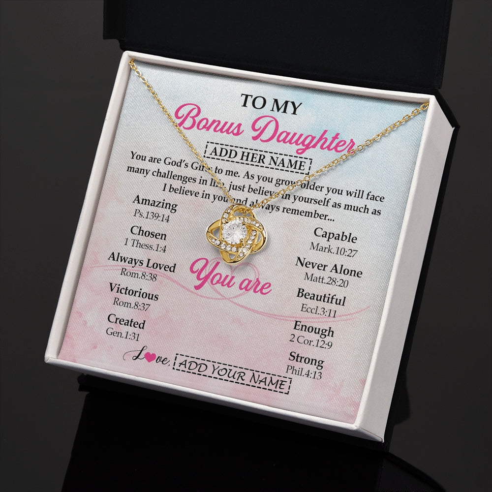 Love Knot Necklace 18K Yellow Gold Finish | 2 | Personalized To My Bonus Daughter Gifts Necklace From Stepmom Christian Religious Jewelry Gifts For Stepdaughter Birthday Christmas Gift Box Message Card | https://siriusteestore.