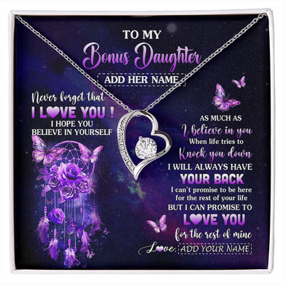 Forever Love Necklace 14K White Gold Finish | 1 | Personalized To My Bonus Daughter Gifts Necklace From Stepmom Floral Butterfly Love You Stepdaughter Birthday Gifts Graduation Christmas Gift Box Message Card | https://siriusteestore.