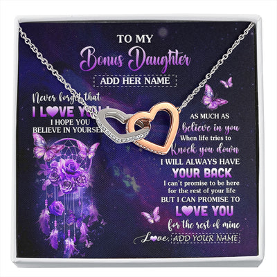 Interlocking Hearts Necklace Stainless Steel & Rose Gold Finish | 1 | Personalized To My Bonus Daughter Gifts Necklace From Stepmom Floral Butterfly Love You Stepdaughter Birthday Gifts Graduation Christmas Gift Box Message Card | https://siriusteestore.