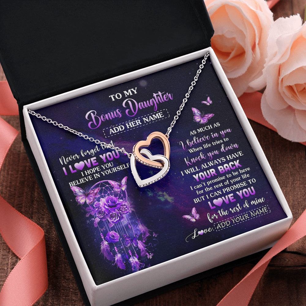 Interlocking Hearts Necklace Stainless Steel & Rose Gold Finish | 2 | Personalized To My Bonus Daughter Gifts Necklace From Stepmom Floral Butterfly Love You Stepdaughter Birthday Gifts Graduation Christmas Gift Box Message Card | https://siriusteestore.