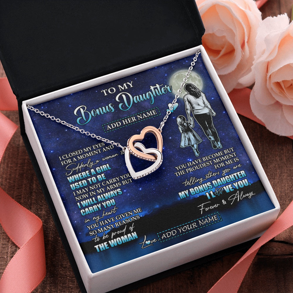 Interlocking Hearts Necklace Stainless Steel & Rose Gold Finish | 2 | Personalized To My Bonus Daughter Gifts Necklace From Stepmom I Closed My Eyes For A Moment Stepdaughter Birthday Graduation Christmas Gift Box Message Card | siriusteestore.myshopify