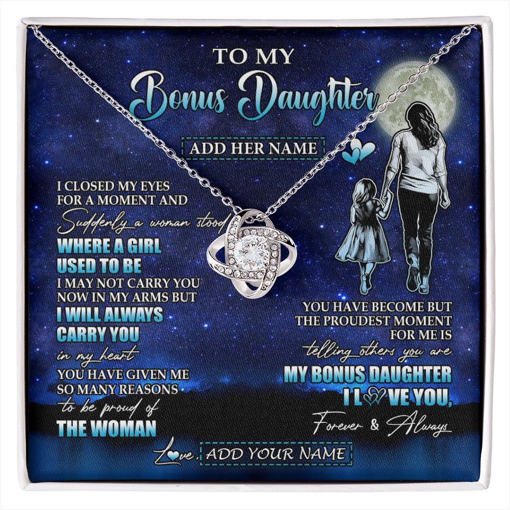 Love Knot Necklace 14K White Gold Finish | 1 | Personalized To My Bonus Daughter Gifts Necklace From Stepmom I Closed My Eyes For A Moment Stepdaughter Birthday Graduation Christmas Gift Box Message Card | siriusteestore.myshopify