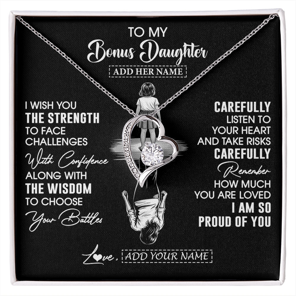 Forever Love Necklace 14K White Gold Finish | 1 | Personalized To My Bonus Daughter Gifts Necklace From Stepmom I Wish You The Strength Stepdaughter Birthday Gifts Christmas Graduation Custom Gift Box Message Card | https://siriusteestore.