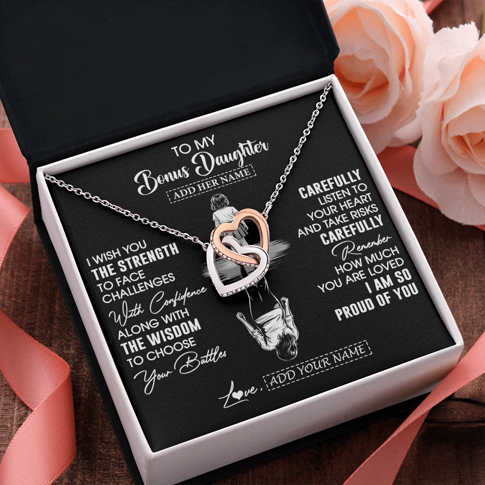 Interlocking Hearts Necklace Stainless Steel & Rose Gold Finish | 2 | Personalized To My Bonus Daughter Gifts Necklace From Stepmom I Wish You The Strength Stepdaughter Birthday Gifts Christmas Graduation Custom Gift Box Message Card | https://siriusteestore.