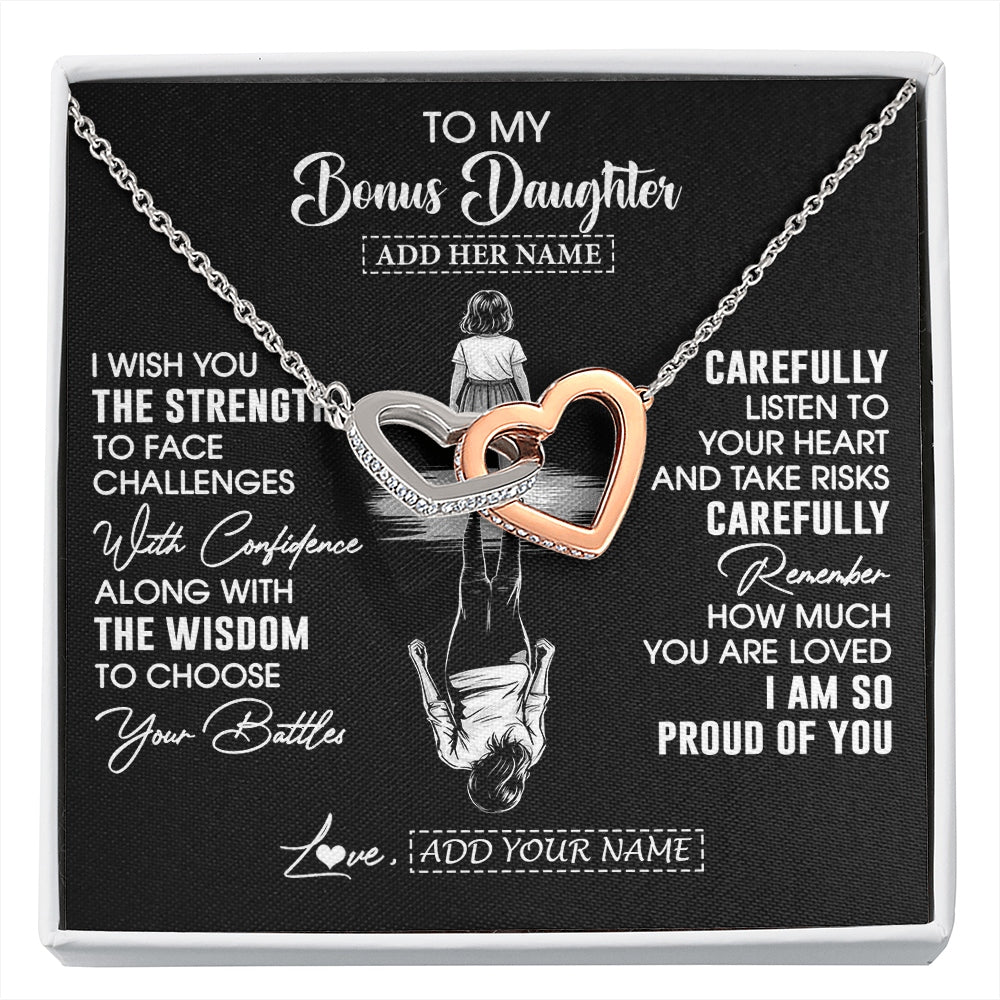 Interlocking Hearts Necklace Stainless Steel & Rose Gold Finish | 1 | Personalized To My Bonus Daughter Gifts Necklace From Stepmom I Wish You The Strength Stepdaughter Birthday Gifts Christmas Graduation Custom Gift Box Message Card | https://siriusteestore.