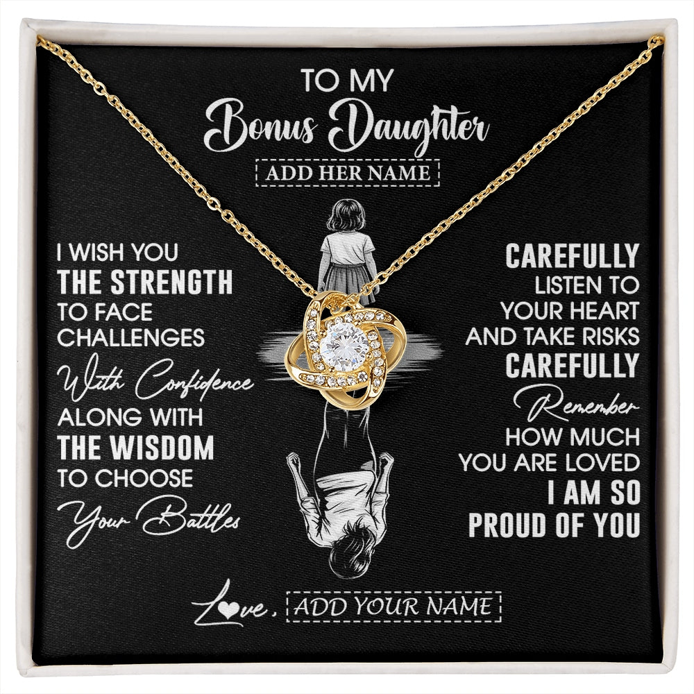 Love Knot Necklace 18K Yellow Gold Finish | 1 | Personalized To My Bonus Daughter Gifts Necklace From Stepmom I Wish You The Strength Stepdaughter Birthday Gifts Christmas Graduation Custom Gift Box Message Card | https://siriusteestore.