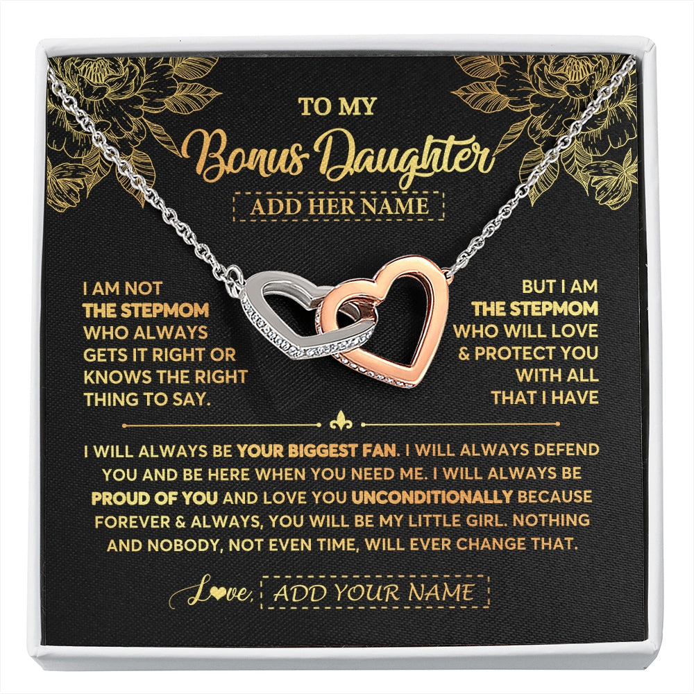 Interlocking Hearts Necklace Stainless Steel & Rose Gold Finish | 1 | Personalized To My Bonus Daughter Gifts Necklace From Stepmom Meaningful Family Jewelry Birthday Gifts For Stepdaughter Christmas Custom Gift Box Message Card | https://siriusteestore.