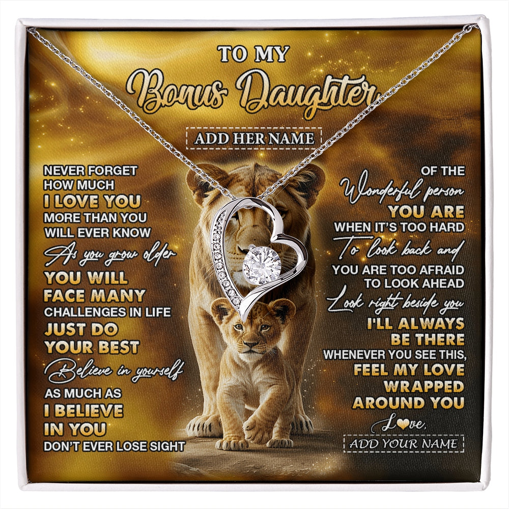 Forever Love Necklace 14K White Gold Finish | 1 | Personalized To My Bonus Daughter Gifts Necklace From Stepmom Never Forget How Much I Love You Lion Stepdaughter Birthday Gifts Christmas Gift Box Message Card | https://siriusteestore.
