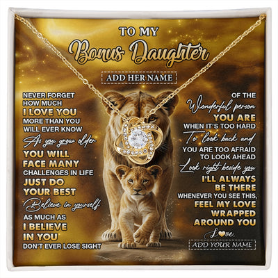Love Knot Necklace 18K Yellow Gold Finish | 1 | Personalized To My Bonus Daughter Gifts Necklace From Stepmom Never Forget How Much I Love You Lion Stepdaughter Birthday Gifts Christmas Gift Box Message Card | https://siriusteestore.