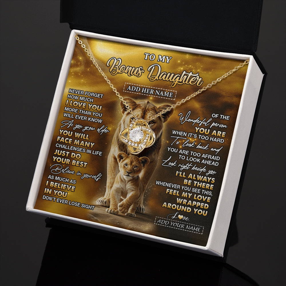 Love Knot Necklace 18K Yellow Gold Finish | 2 | Personalized To My Bonus Daughter Gifts Necklace From Stepmom Never Forget How Much I Love You Lion Stepdaughter Birthday Gifts Christmas Gift Box Message Card | https://siriusteestore.