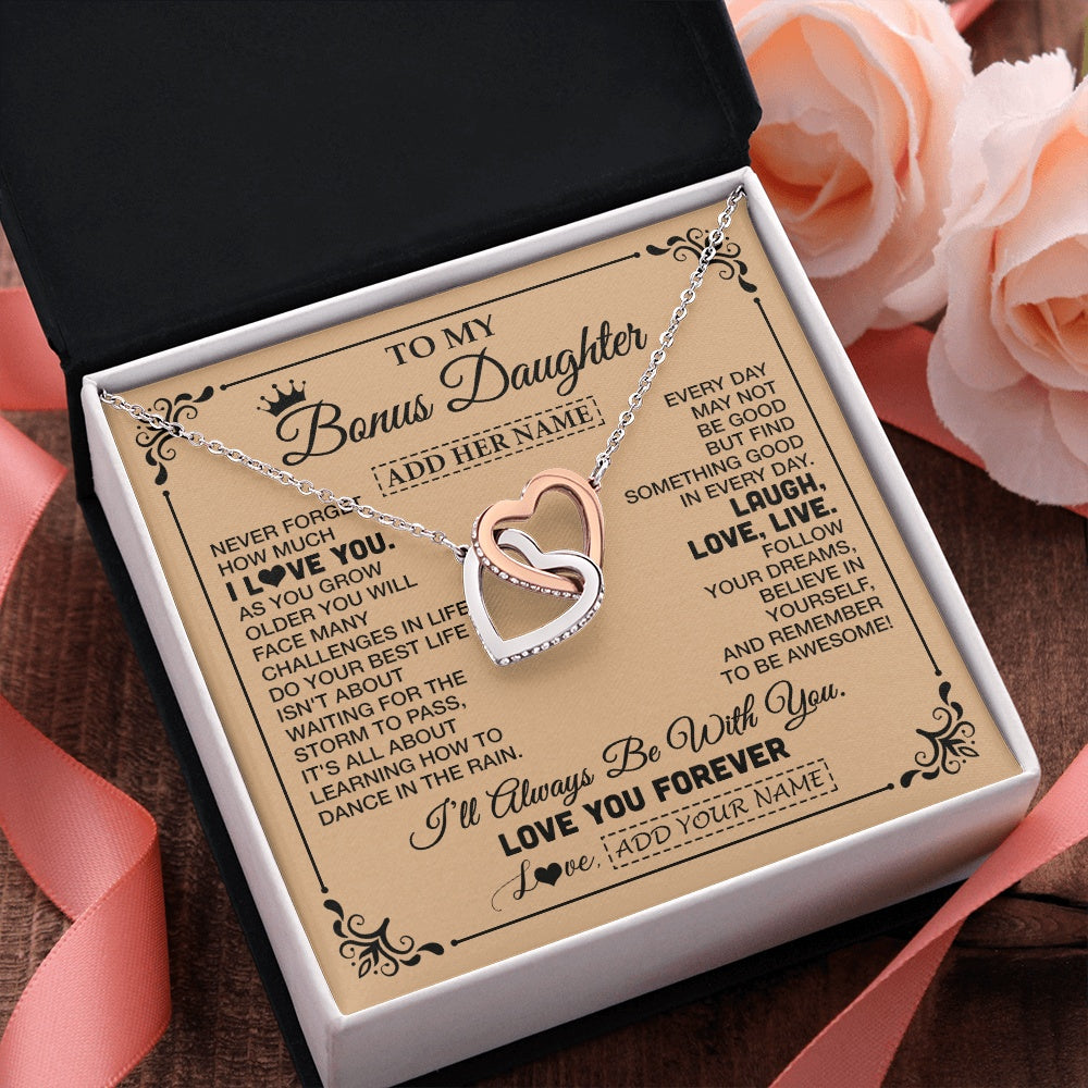 Interlocking Hearts Necklace Stainless Steel & Rose Gold Finish | 2 | Personalized To My Bonus Daughter Gifts Necklace From Stepmom Never Forget How Much I Love You Stepdaughter Birthday Gifts Christmas Gift Box Message Card | https://siriusteestore.