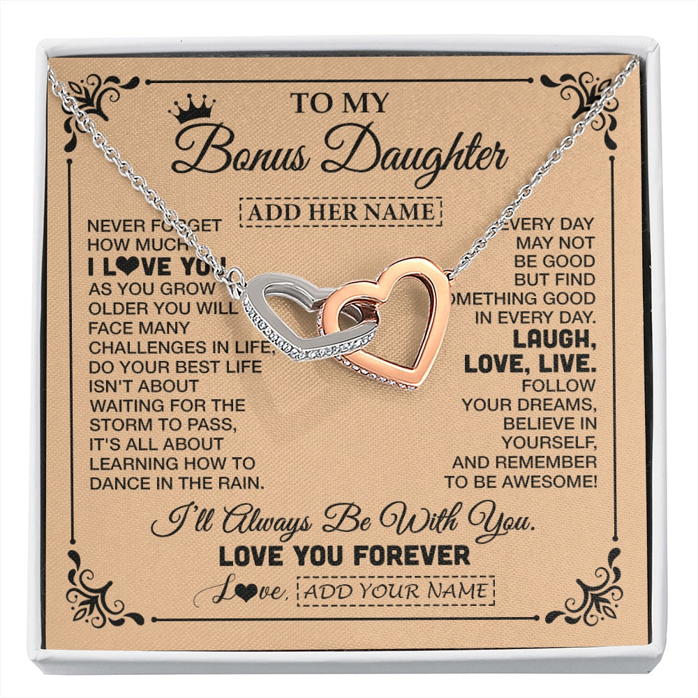 Interlocking Hearts Necklace Stainless Steel & Rose Gold Finish | 1 | Personalized To My Bonus Daughter Gifts Necklace From Stepmom Never Forget How Much I Love You Stepdaughter Birthday Gifts Christmas Gift Box Message Card | https://siriusteestore.