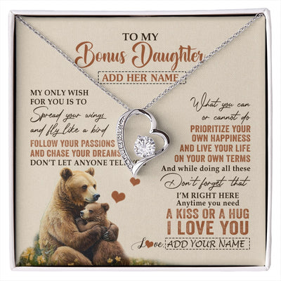 Forever Love Necklace 14K White Gold Finish | 1 | Personalized To My Bonus Daughter Gifts Necklace From Stepmom Stepdad Bear My Only Wish For You Stepdaughter Birthday Gifts Christmas Gift Box Message Card | siriusteestore.myshopify