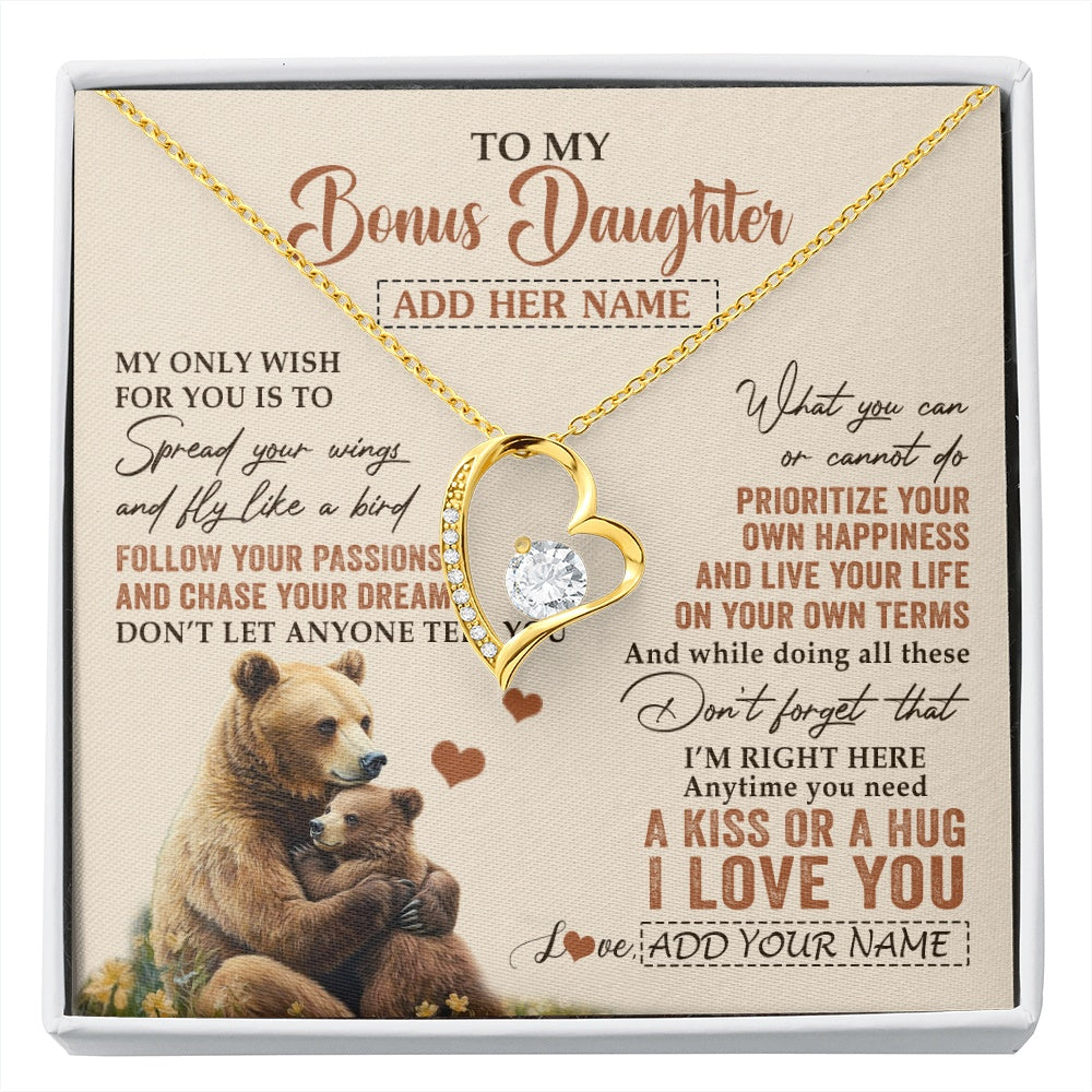 Forever Love Necklace 18K Yellow Gold Finish | 1 | Personalized To My Bonus Daughter Gifts Necklace From Stepmom Stepdad Bear My Only Wish For You Stepdaughter Birthday Gifts Christmas Gift Box Message Card | siriusteestore.myshopify