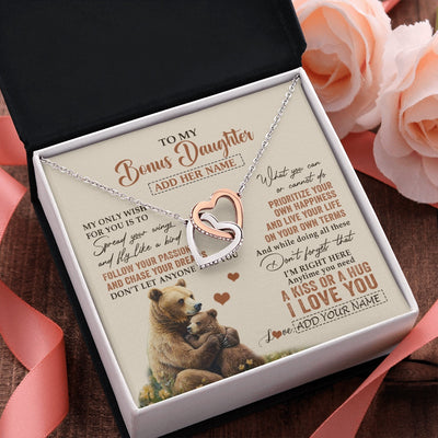Interlocking Hearts Necklace Stainless Steel & Rose Gold Finish | 2 | Personalized To My Bonus Daughter Gifts Necklace From Stepmom Stepdad Bear My Only Wish For You Stepdaughter Birthday Gifts Christmas Gift Box Message Card | siriusteestore.myshopify