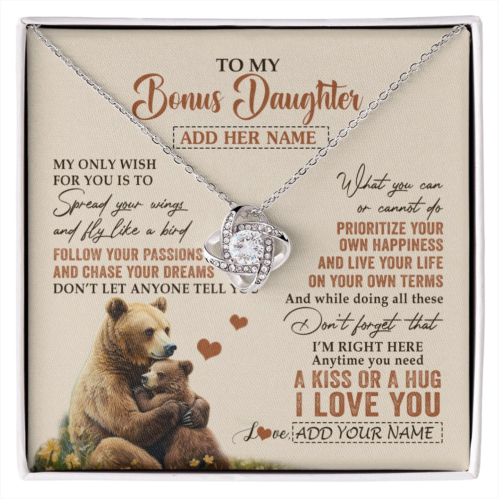 Love Knot Necklace 14K White Gold Finish | 1 | Personalized To My Bonus Daughter Gifts Necklace From Stepmom Stepdad Bear My Only Wish For You Stepdaughter Birthday Gifts Christmas Gift Box Message Card | siriusteestore.myshopify