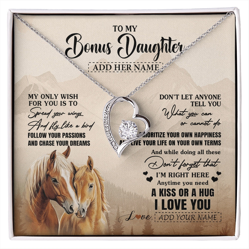 Forever Love Necklace 14K White Gold Finish | 1 | Personalized To My Bonus Daughter Gifts Necklace From Stepmom Stepdad Horse My Only Wish For You Stepdaughter Birthday Gifts Christmas Gift Box Message Card | https://siriusteestore.