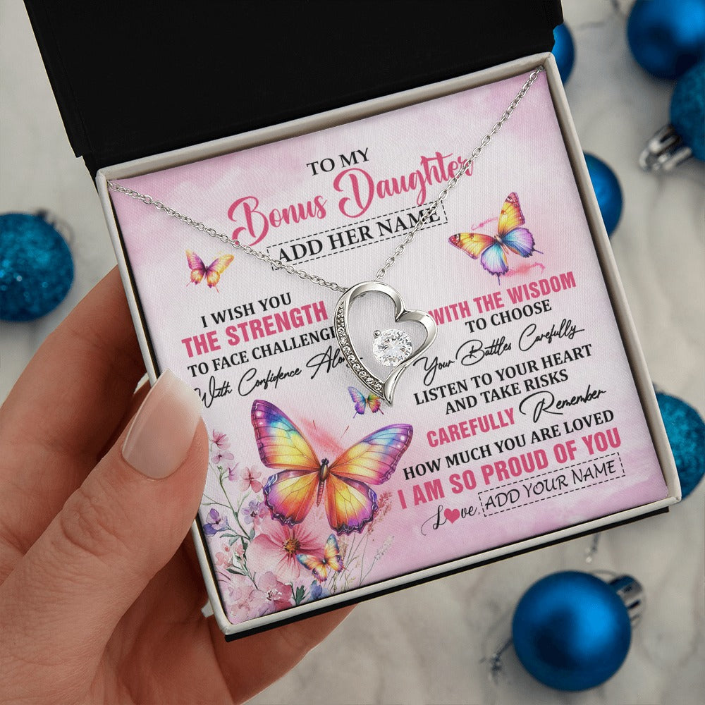 Forever Love Necklace 14K White Gold Finish | 2 | Personalized To My Bonus Daughter Gifts Necklace From Stepmom Stepdad I Wish You The Strength Butterfly Stepdaughter Birthday Christmas Gift Box Message Card | https://siriusteestore.
