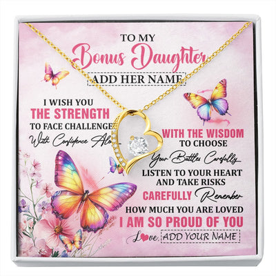 Forever Love Necklace 18K Yellow Gold Finish | 1 | Personalized To My Bonus Daughter Gifts Necklace From Stepmom Stepdad I Wish You The Strength Butterfly Stepdaughter Birthday Christmas Gift Box Message Card | https://siriusteestore.
