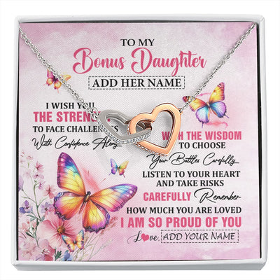 Interlocking Hearts Necklace Stainless Steel & Rose Gold Finish | 1 | Personalized To My Bonus Daughter Gifts Necklace From Stepmom Stepdad I Wish You The Strength Butterfly Stepdaughter Birthday Christmas Gift Box Message Card | https://siriusteestore.