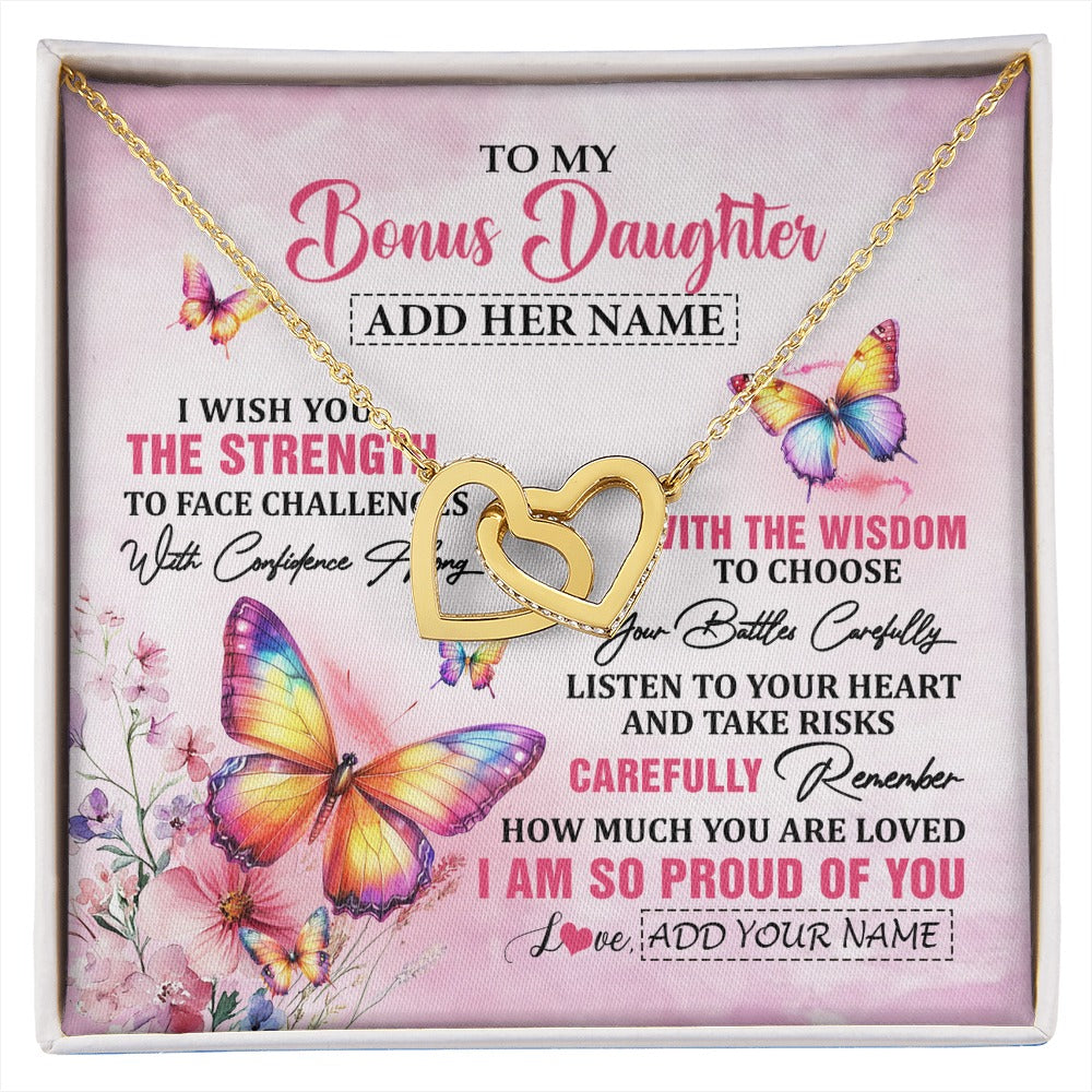Interlocking Hearts Necklace 18K Yellow Gold Finish | 1 | Personalized To My Bonus Daughter Gifts Necklace From Stepmom Stepdad I Wish You The Strength Butterfly Stepdaughter Birthday Christmas Gift Box Message Card | https://siriusteestore.