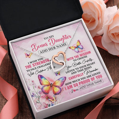 Interlocking Hearts Necklace Stainless Steel & Rose Gold Finish | 2 | Personalized To My Bonus Daughter Gifts Necklace From Stepmom Stepdad I Wish You The Strength Butterfly Stepdaughter Birthday Christmas Gift Box Message Card | https://siriusteestore.