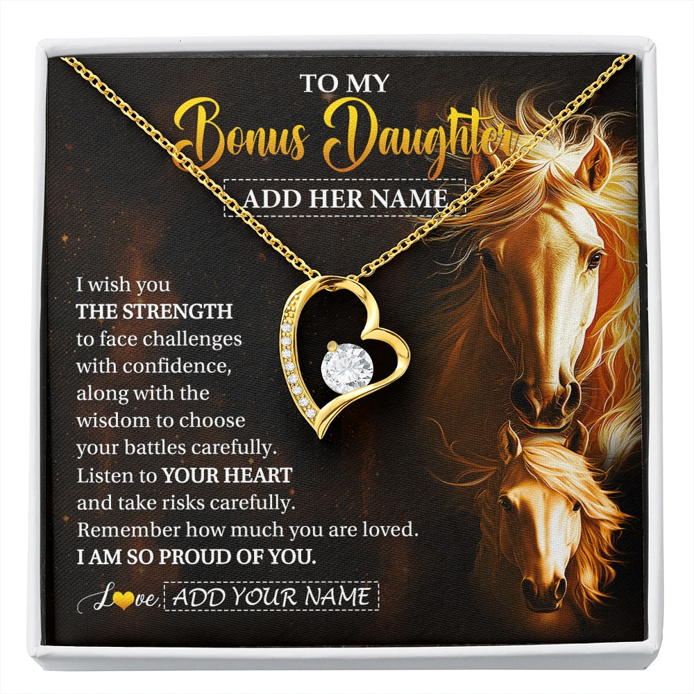 Forever Love Necklace 18K Yellow Gold Finish | 1 | Personalized To My Bonus Daughter Gifts Necklace From Stepmom Stepdad I Wish You The Strength Horse Stepdaughter Birthday Gifts Christmas Gift Box Message Card | https://siriusteestore.