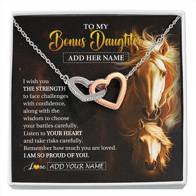 Interlocking Hearts Necklace Stainless Steel & Rose Gold Finish | 1 | Personalized To My Bonus Daughter Gifts Necklace From Stepmom Stepdad I Wish You The Strength Horse Stepdaughter Birthday Gifts Christmas Gift Box Message Card | https://siriusteestore.