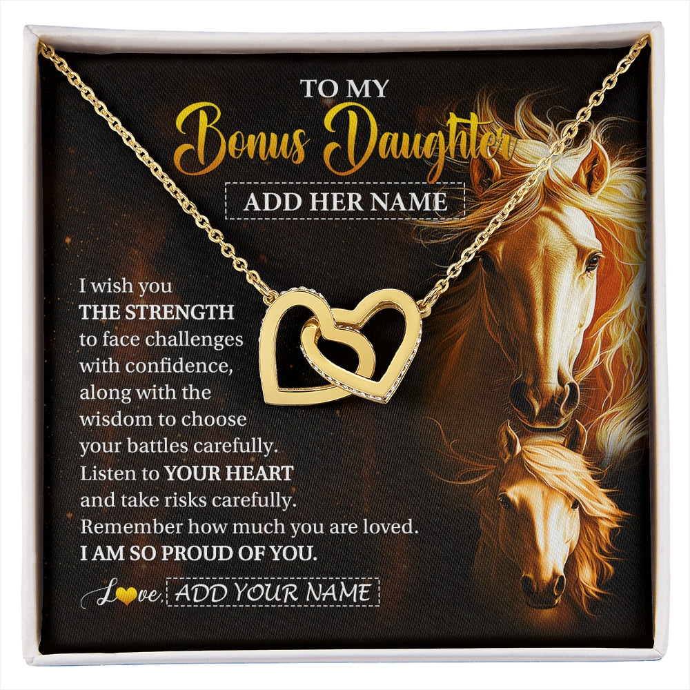 Interlocking Hearts Necklace 18K Yellow Gold Finish | 1 | Personalized To My Bonus Daughter Gifts Necklace From Stepmom Stepdad I Wish You The Strength Horse Stepdaughter Birthday Gifts Christmas Gift Box Message Card | https://siriusteestore.