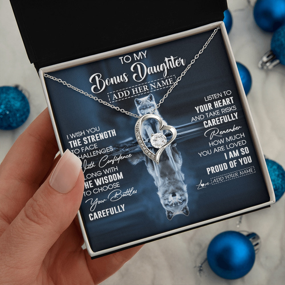 Forever Love Necklace 14K White Gold Finish | 2 | Personalized To My Bonus Daughter Gifts Necklace From Stepmom Stepdad I Wish You The Strength Wolf Stepdaughter Birthday Gifts Christmas Gift Box Message Card | https://siriusteestore.