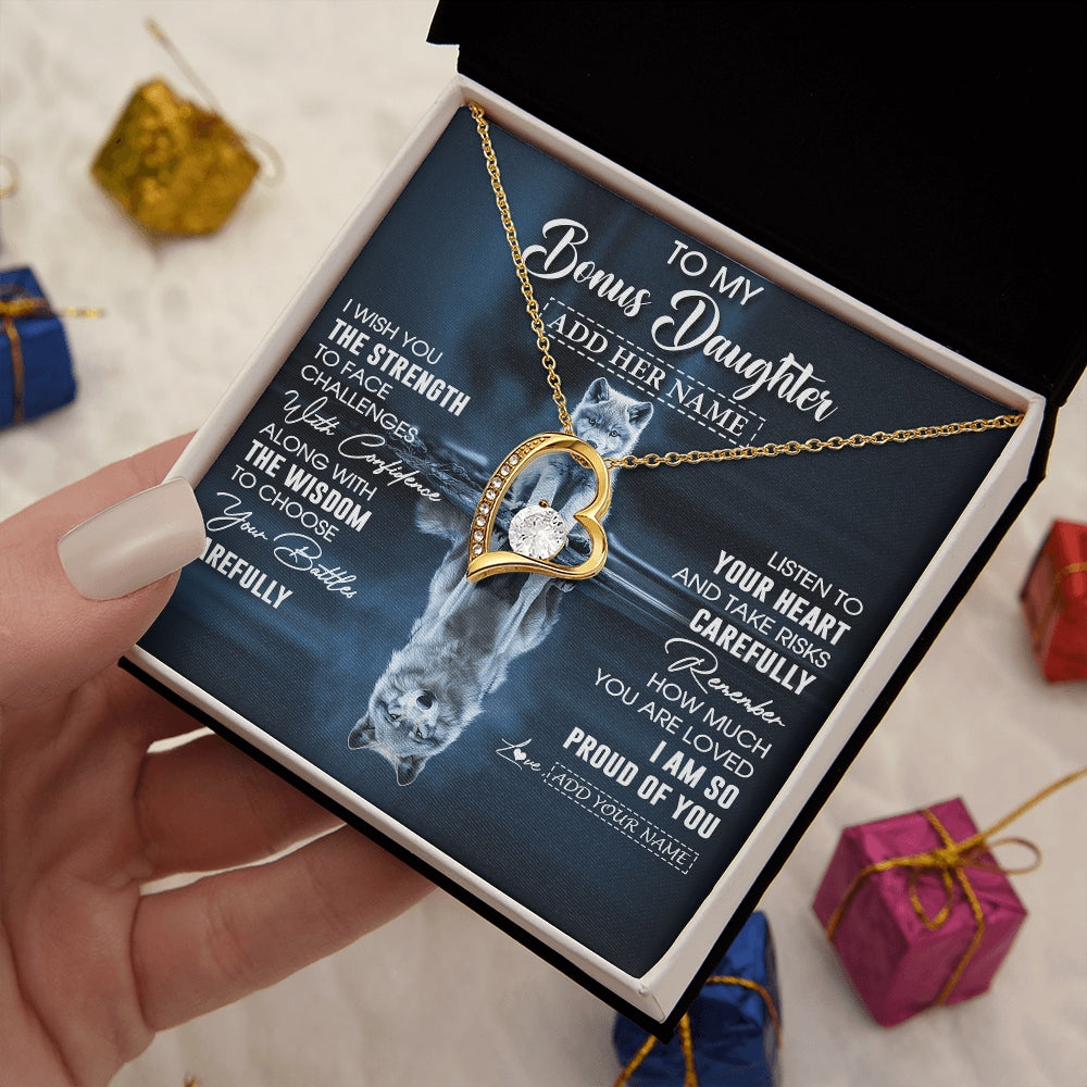 Forever Love Necklace 18K Yellow Gold Finish | 2 | Personalized To My Bonus Daughter Gifts Necklace From Stepmom Stepdad I Wish You The Strength Wolf Stepdaughter Birthday Gifts Christmas Gift Box Message Card | https://siriusteestore.