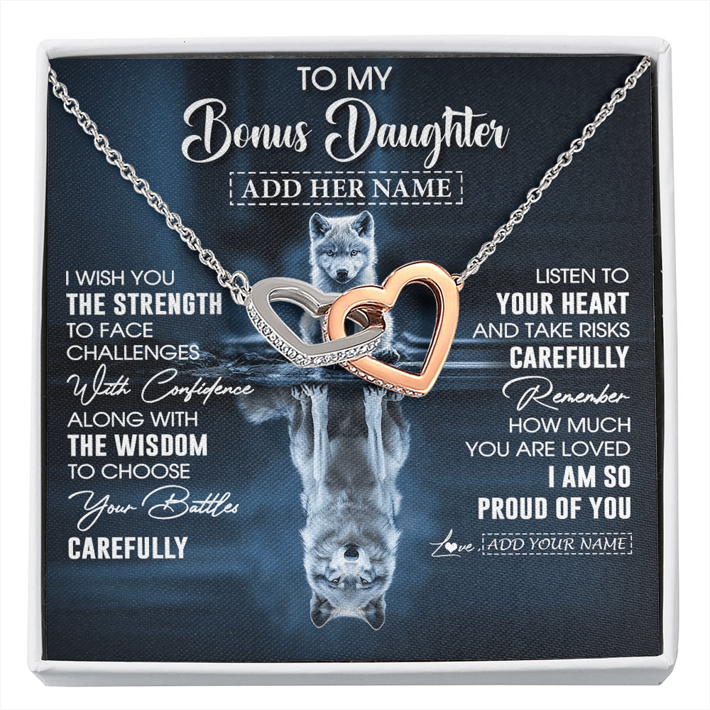 Interlocking Hearts Necklace Stainless Steel & Rose Gold Finish | 1 | Personalized To My Bonus Daughter Gifts Necklace From Stepmom Stepdad I Wish You The Strength Wolf Stepdaughter Birthday Gifts Christmas Gift Box Message Card | https://siriusteestore.