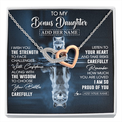 Interlocking Hearts Necklace Stainless Steel & Rose Gold Finish | 1 | Personalized To My Bonus Daughter Gifts Necklace From Stepmom Stepdad I Wish You The Strength Wolf Stepdaughter Birthday Gifts Christmas Gift Box Message Card | https://siriusteestore.