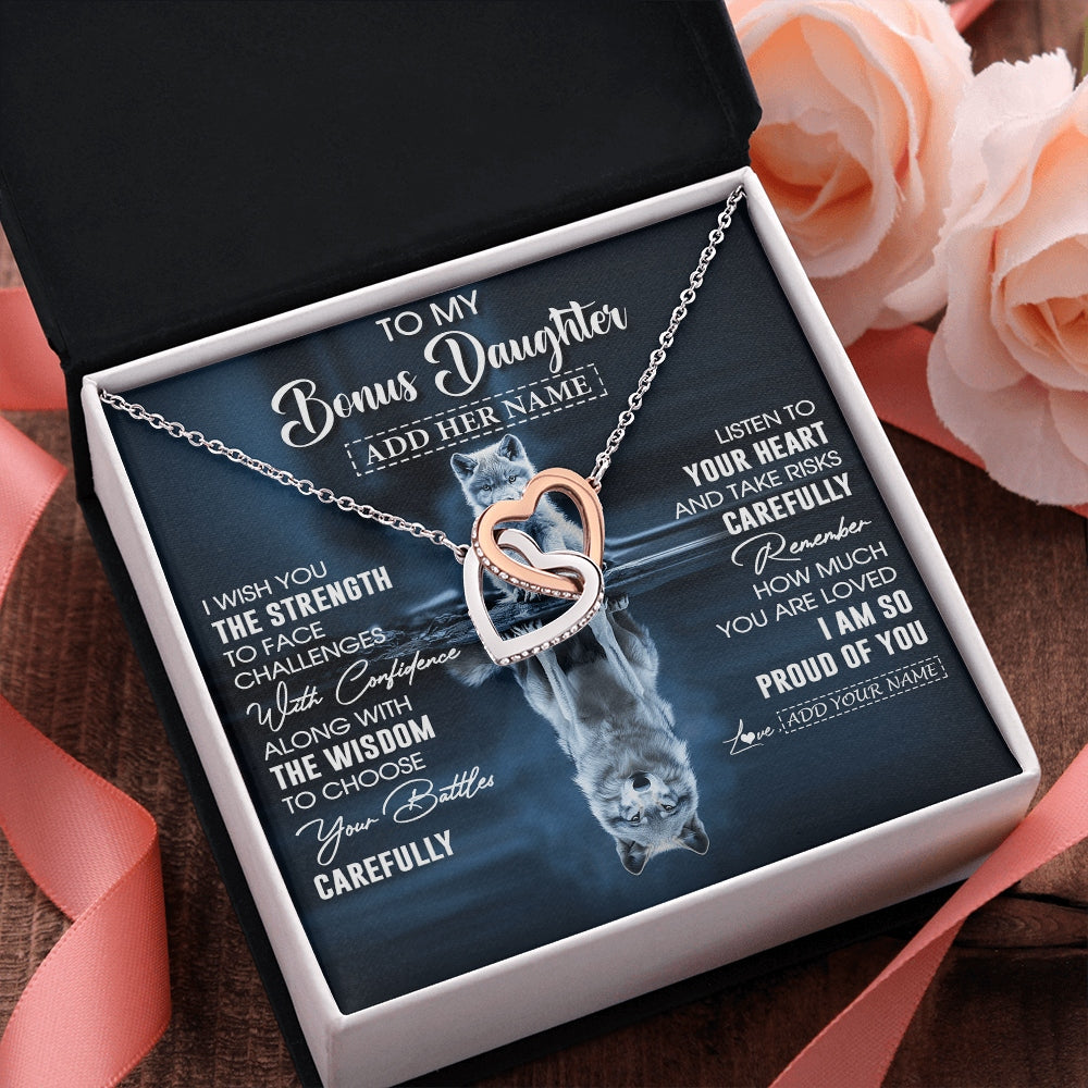 Interlocking Hearts Necklace Stainless Steel & Rose Gold Finish | 2 | Personalized To My Bonus Daughter Gifts Necklace From Stepmom Stepdad I Wish You The Strength Wolf Stepdaughter Birthday Gifts Christmas Gift Box Message Card | https://siriusteestore.