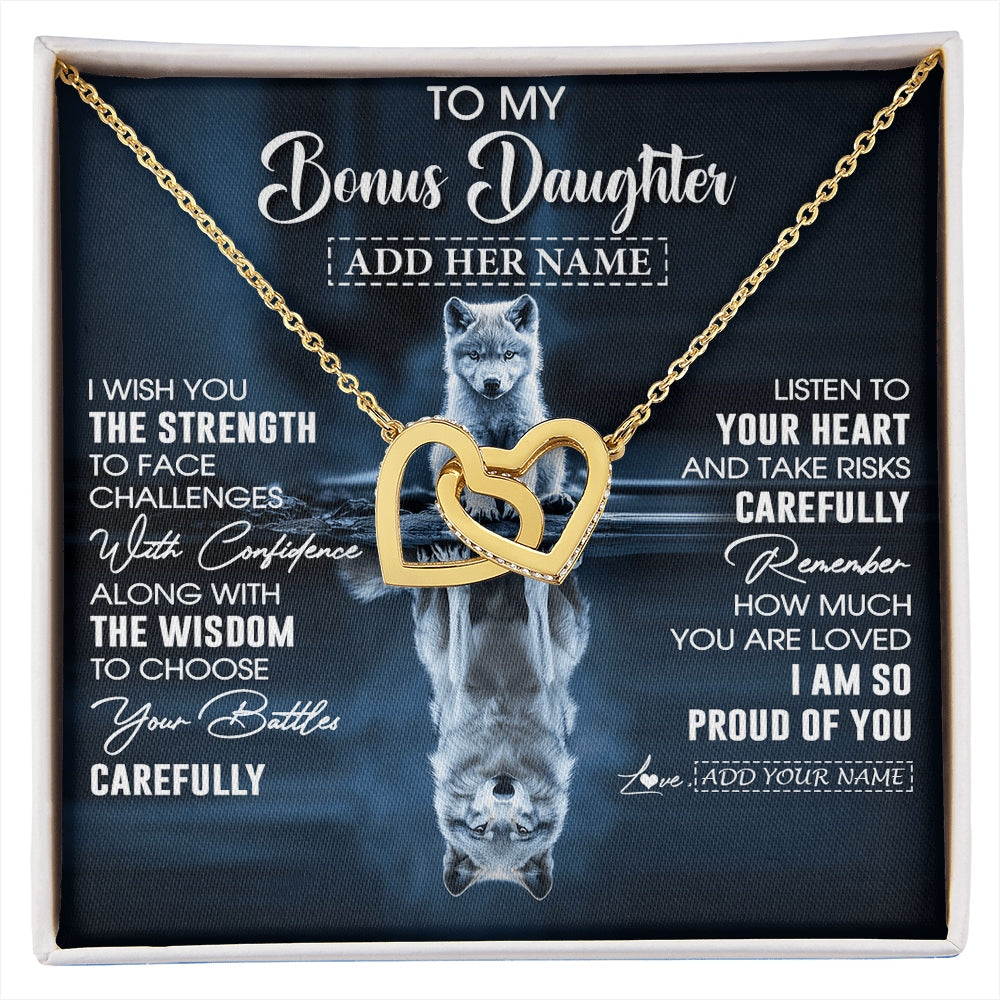 Interlocking Hearts Necklace 18K Yellow Gold Finish | 1 | Personalized To My Bonus Daughter Gifts Necklace From Stepmom Stepdad I Wish You The Strength Wolf Stepdaughter Birthday Gifts Christmas Gift Box Message Card | https://siriusteestore.