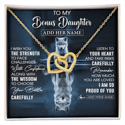 Interlocking Hearts Necklace 18K Yellow Gold Finish | 1 | Personalized To My Bonus Daughter Gifts Necklace From Stepmom Stepdad I Wish You The Strength Wolf Stepdaughter Birthday Gifts Christmas Gift Box Message Card | https://siriusteestore.