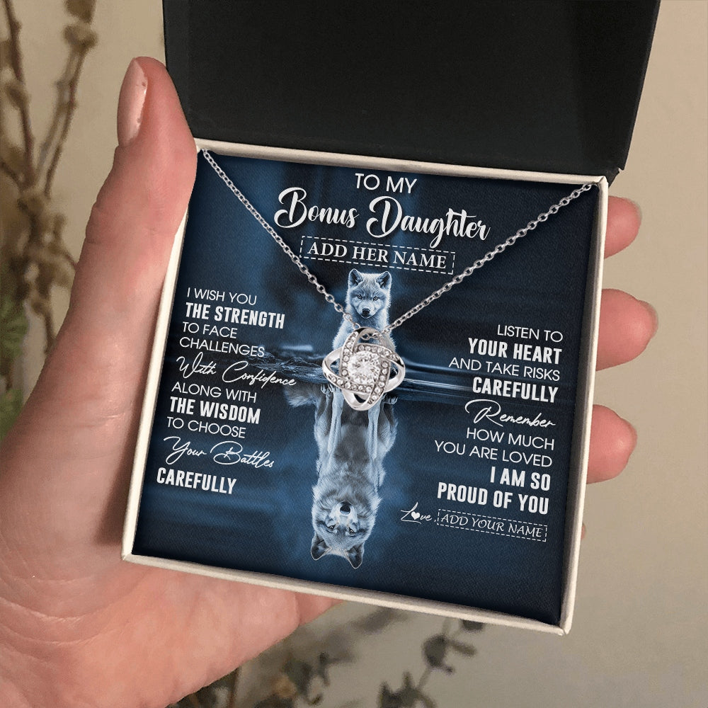 Love Knot Necklace 14K White Gold Finish | 2 | Personalized To My Bonus Daughter Gifts Necklace From Stepmom Stepdad I Wish You The Strength Wolf Stepdaughter Birthday Gifts Christmas Gift Box Message Card | https://siriusteestore.