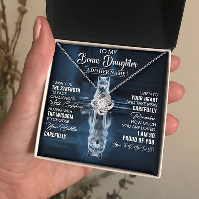 Love Knot Necklace 14K White Gold Finish | 2 | Personalized To My Bonus Daughter Gifts Necklace From Stepmom Stepdad I Wish You The Strength Wolf Stepdaughter Birthday Gifts Christmas Gift Box Message Card | https://siriusteestore.