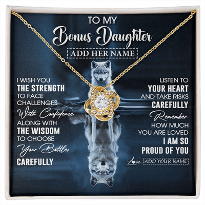 Love Knot Necklace 18K Yellow Gold Finish | 1 | Personalized To My Bonus Daughter Gifts Necklace From Stepmom Stepdad I Wish You The Strength Wolf Stepdaughter Birthday Gifts Christmas Gift Box Message Card | https://siriusteestore.