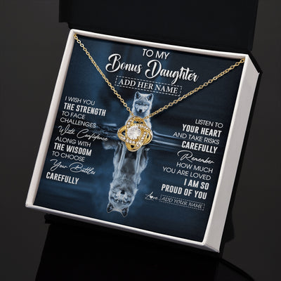 Love Knot Necklace 18K Yellow Gold Finish | 2 | Personalized To My Bonus Daughter Gifts Necklace From Stepmom Stepdad I Wish You The Strength Wolf Stepdaughter Birthday Gifts Christmas Gift Box Message Card | https://siriusteestore.