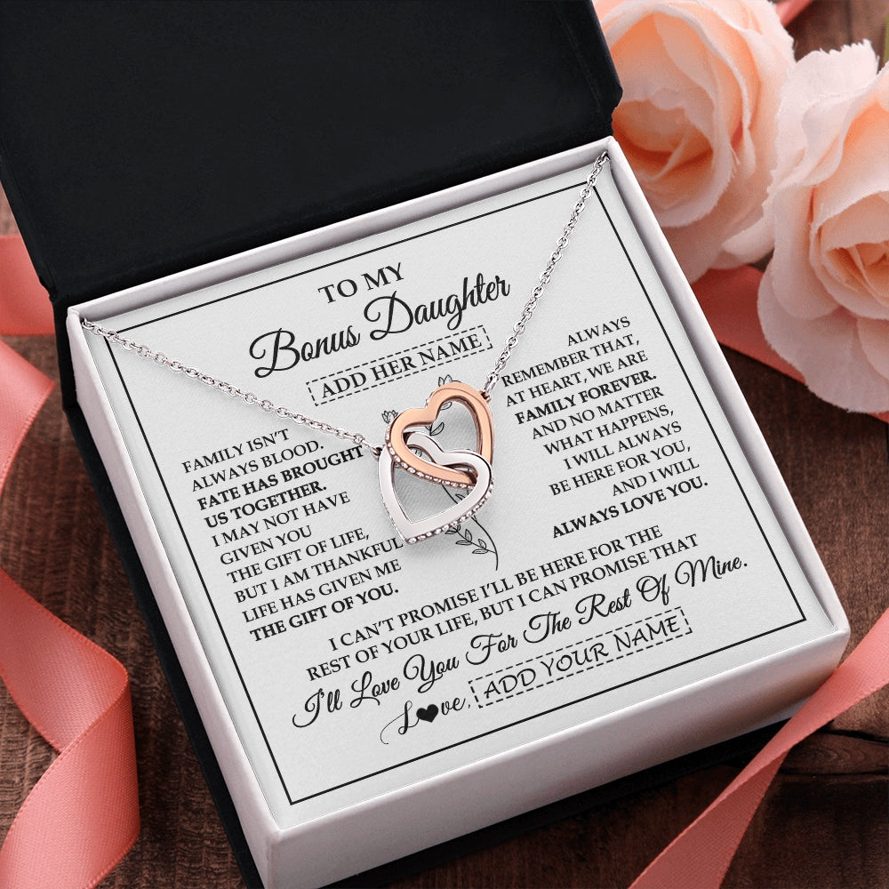 Interlocking Hearts Necklace Stainless Steel & Rose Gold Finish | 2 | Personalized To My Bonus Daughter Gifts Necklace From Stepmom Stepdad Perfect For Birthday Graduation Christmas Stepdaughter Custom Gift Box Message Card | https://siriusteestore.