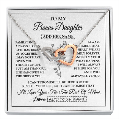 Interlocking Hearts Necklace Stainless Steel & Rose Gold Finish | 1 | Personalized To My Bonus Daughter Gifts Necklace From Stepmom Stepdad Perfect For Birthday Graduation Christmas Stepdaughter Custom Gift Box Message Card | https://siriusteestore.
