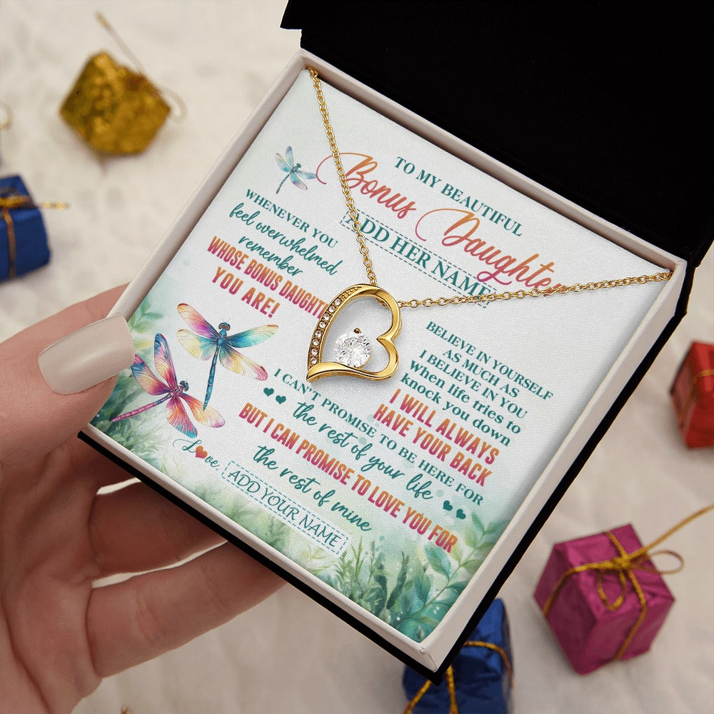 Forever Love Necklace 18K Yellow Gold Finish | 2 | Personalized To My Bonus Daughter Gifts Necklace From Stepmom Stepdad Whenever You Feel Dragonfly Stepdaughter Birthday Gifts Christmas Gift Box Message Card | https://siriusteestore.