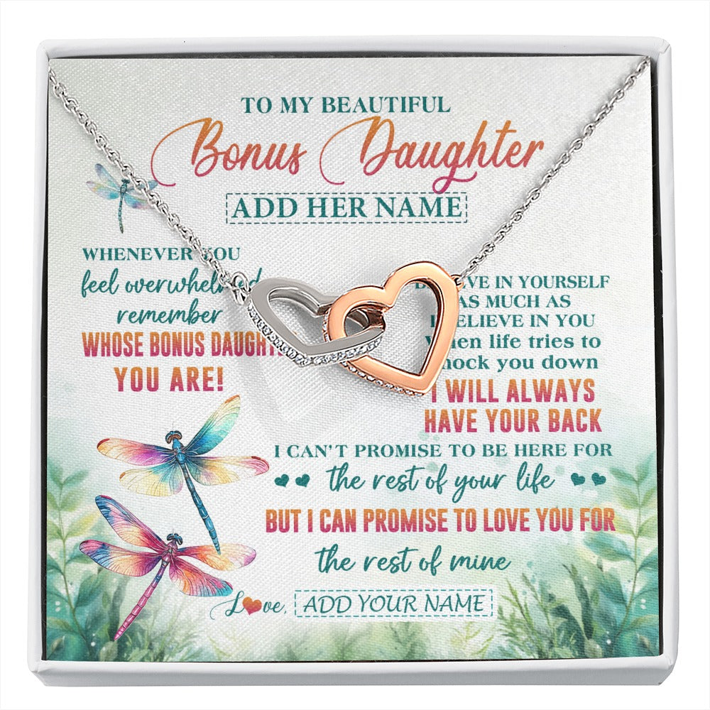 Interlocking Hearts Necklace Stainless Steel & Rose Gold Finish | 1 | Personalized To My Bonus Daughter Gifts Necklace From Stepmom Stepdad Whenever You Feel Dragonfly Stepdaughter Birthday Gifts Christmas Gift Box Message Card | https://siriusteestore.