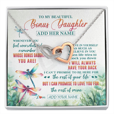 Interlocking Hearts Necklace Stainless Steel & Rose Gold Finish | 1 | Personalized To My Bonus Daughter Gifts Necklace From Stepmom Stepdad Whenever You Feel Dragonfly Stepdaughter Birthday Gifts Christmas Gift Box Message Card | https://siriusteestore.