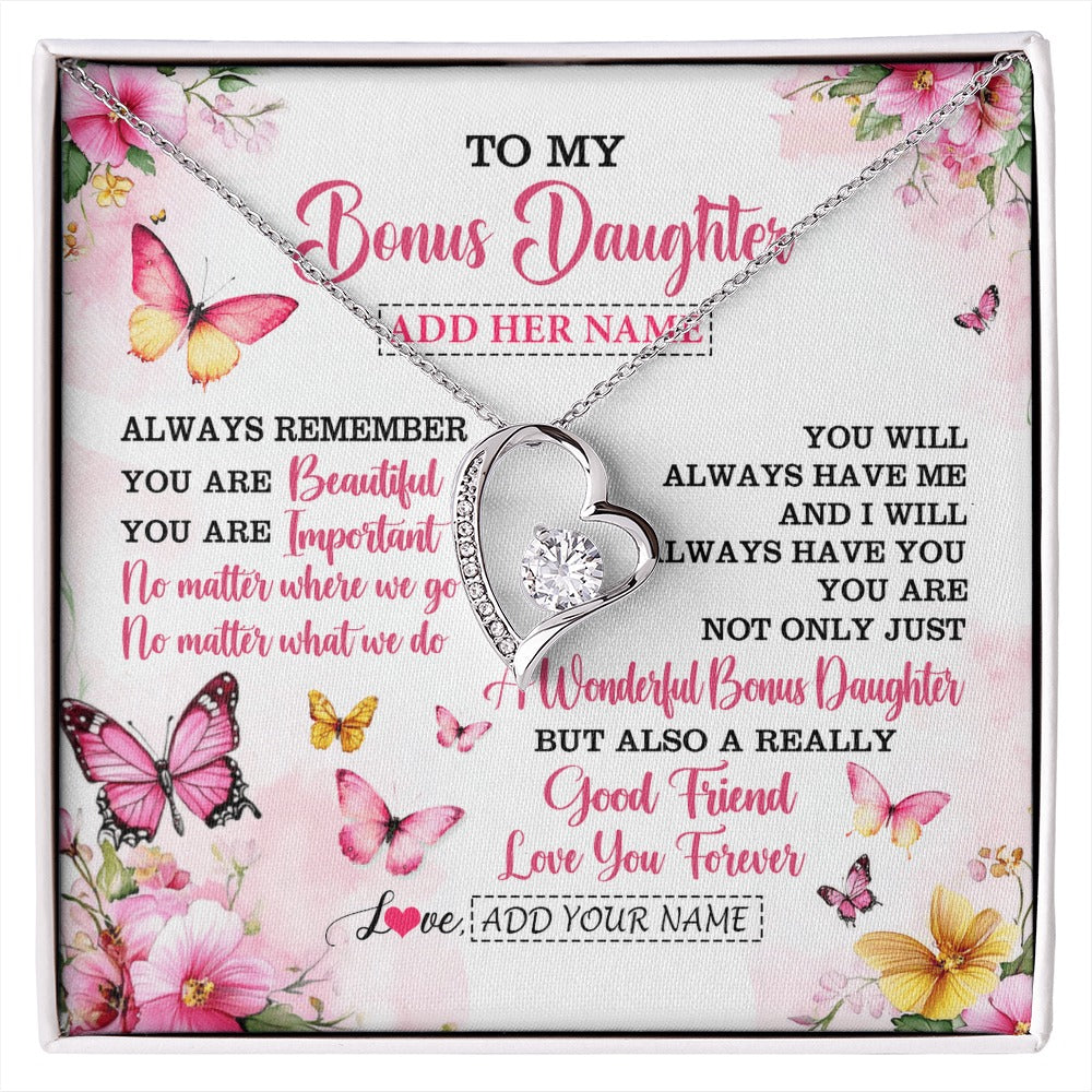 Forever Love Necklace 14K White Gold Finish | 1 | Personalized To My Bonus Daughter Gifts Necklace From Stepmom Stepdad You Are Beautiful Birthday Gifts For Stepdaughter Christmas Custom Gift Box Message Card | https://siriusteestore.